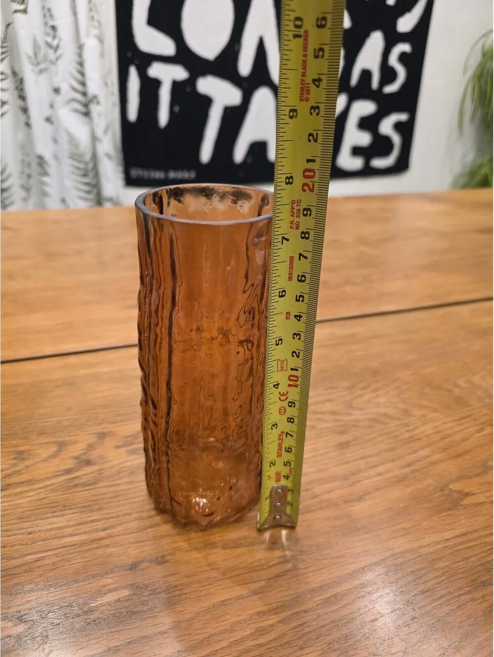 Vintage Amber Glass Bark Vase Mid Century Modern Molded Cylinder Art Glass